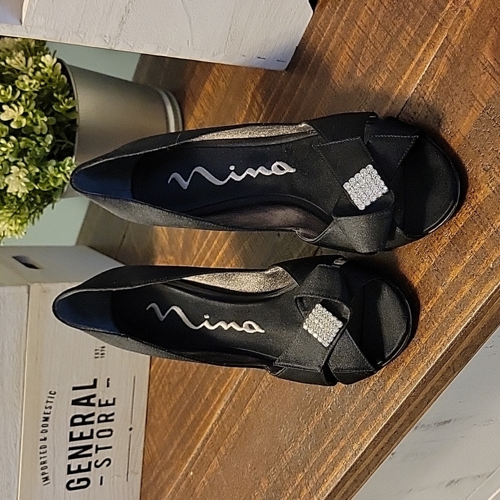 Nina Women's Black Satin Peep-Toe Heels with Crystal Accent
